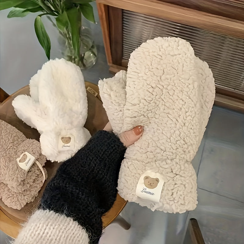 Winter Fleece Mittens with Hanging Cord, Plush Lamb Lined Warm Gloves, Windproof Thermal Thickened for Outdoor Cycling and Going Out - Hand Washable Woven Craftsmanship, Elastic Fit