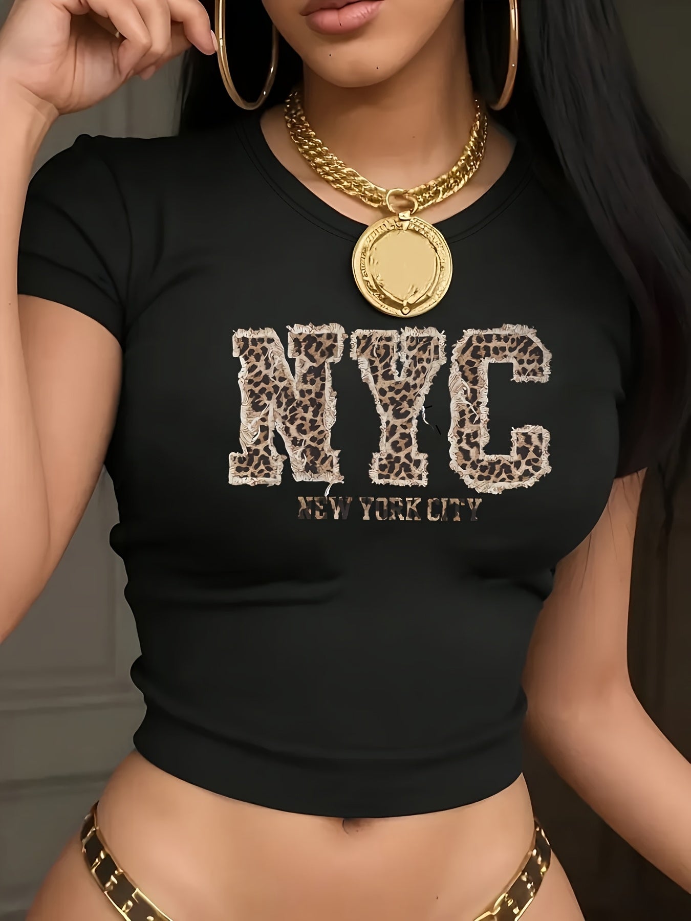 Women'S Casual Leopard Print NYC Graphic Crop Top T-Shirt - Crew Neck, Short Sleeve, Spring/Summer Fashion, Black with Golden Lettering, Leopard Print Shirt