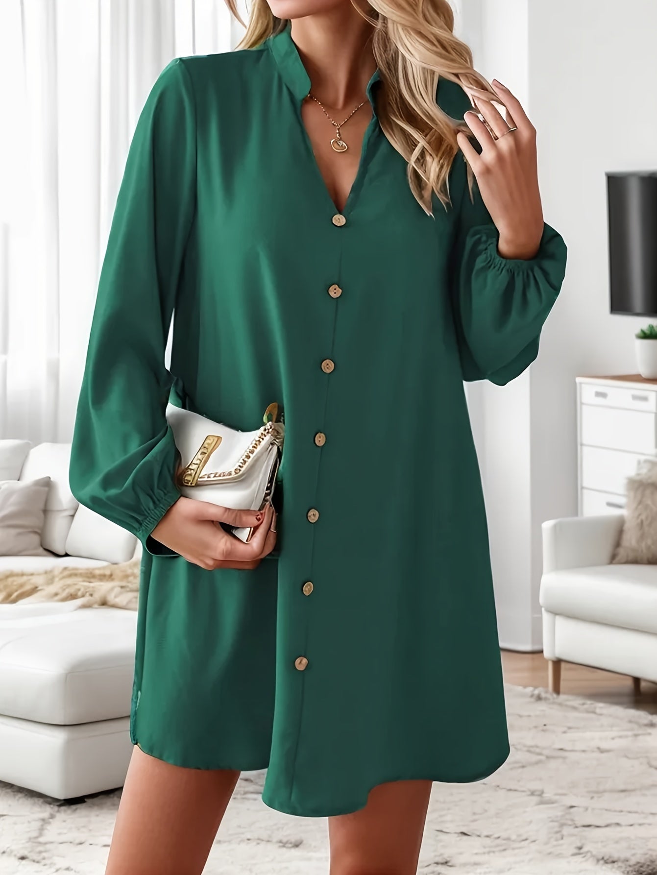 Effortlessly Chic Solid Color V-Neck Dress - Long Sleeve, Loose Fit for Spring & Fall - Stylish Womens Wardrobe Essential