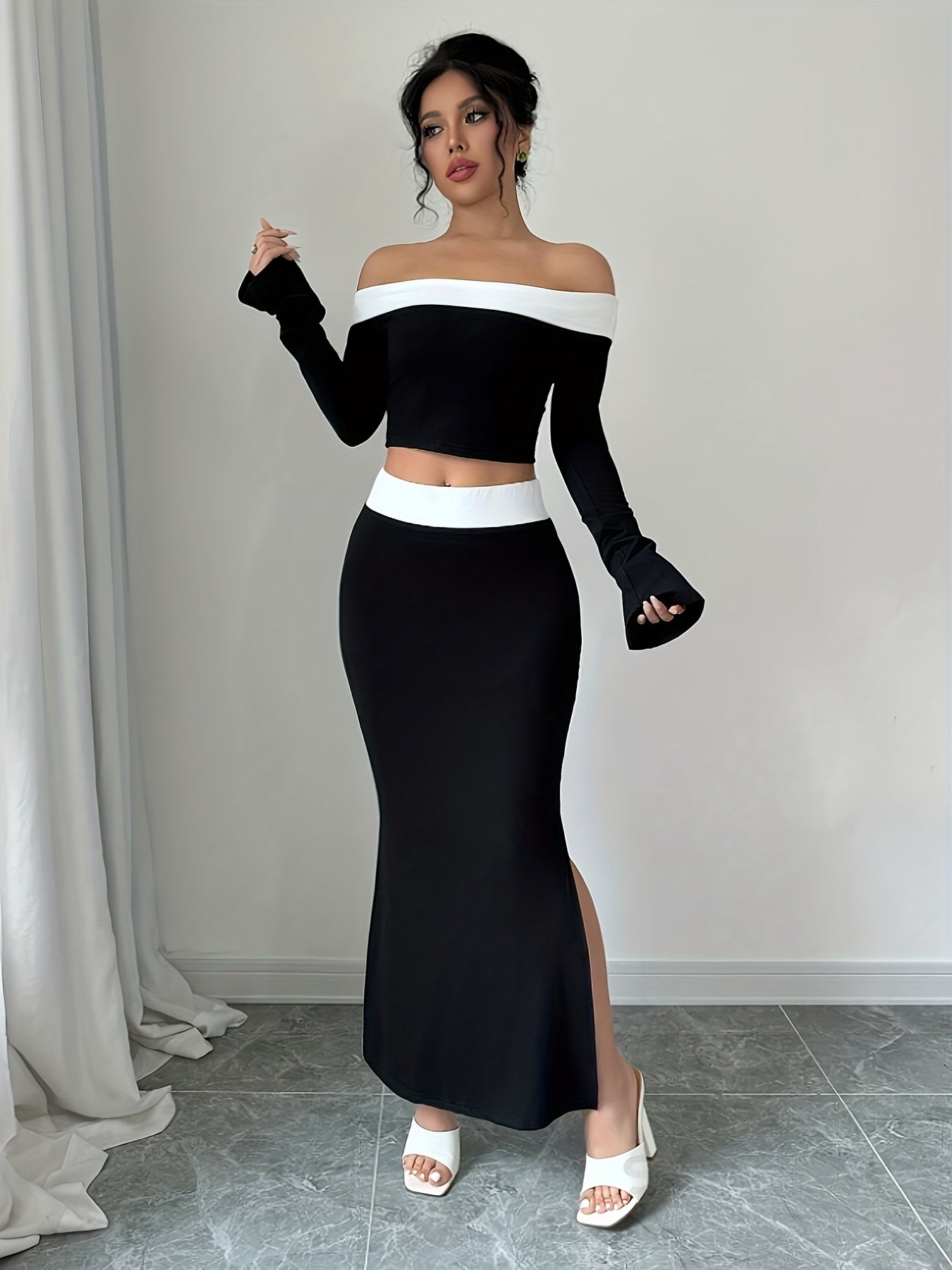 Elegant Off-Shoulder Crop Top & Side-Slit Mermaid Skirt Set - Polyester Blend, Machine Washable