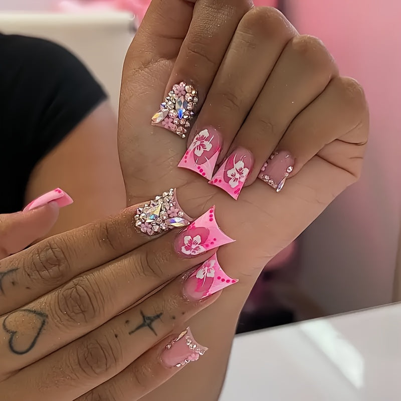96pcs Press-On Nails Set, Blue & Pink, Duckbill Shape, Medium Length, with Jelly Glue & Nail File, Floral & Rhinestone Designs, Glossy Finish, Perfect for Girls & Women Gift