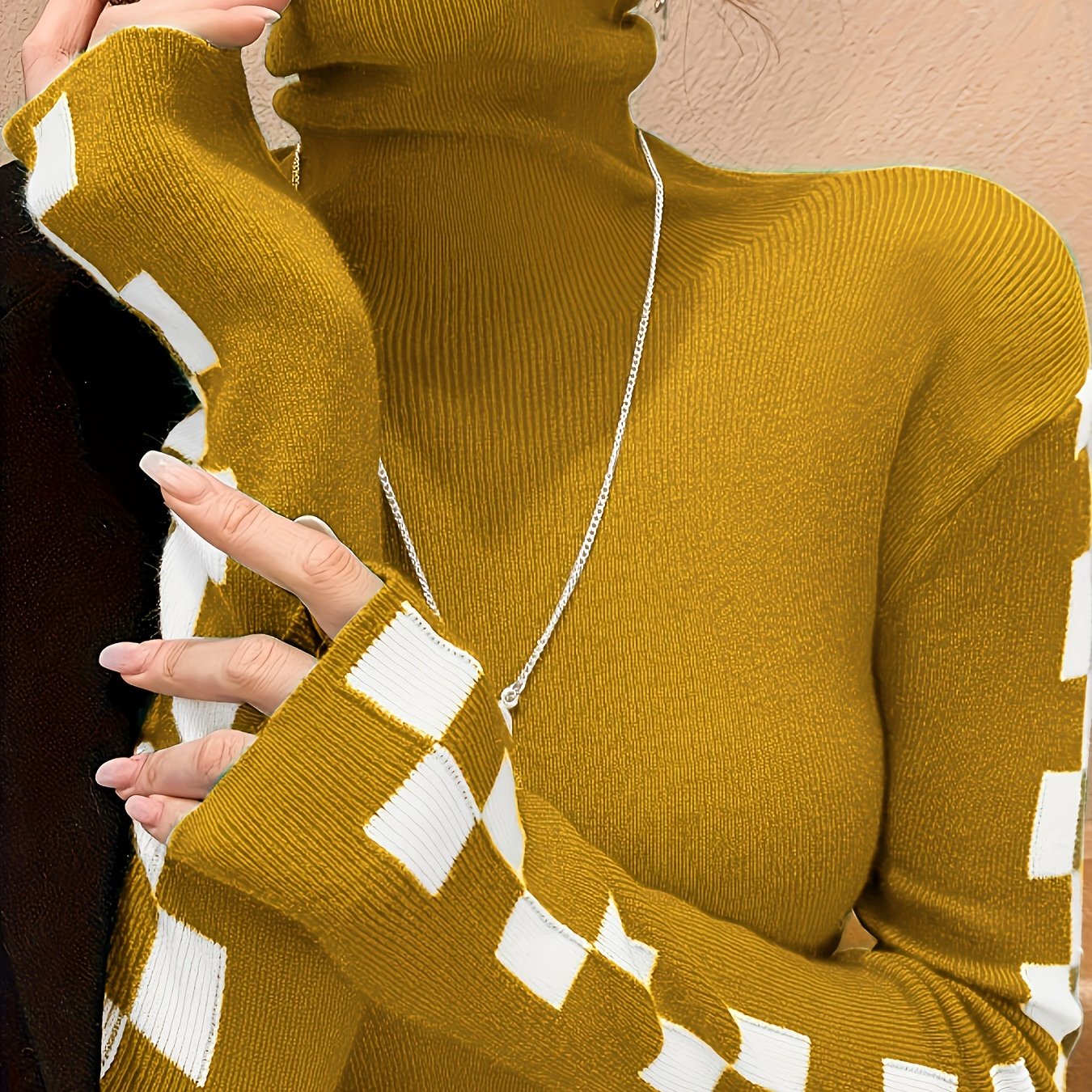 Elegant Red & White Checkered Turtleneck Sweater for Women - Slim Fit, Casual Knit Pullover with Contrasting Trim, Perfect for Fall/Winter