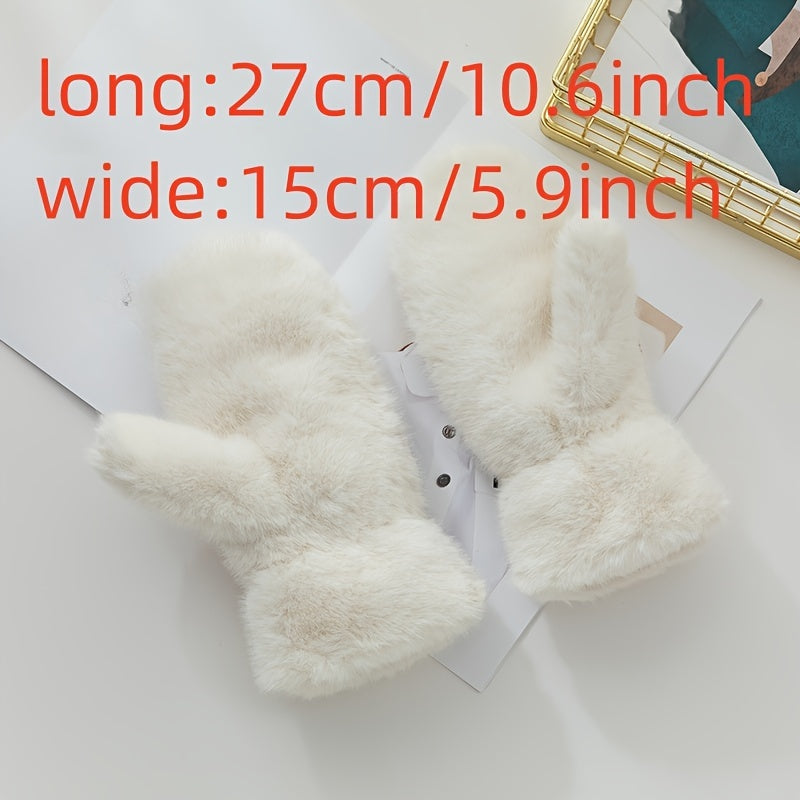 1 Pair Women’s Cozy Faux Fur Mittens - Thick, Warm & Soft Beige Winter Gloves for Outdoor Activities, Hand Washable Polyester