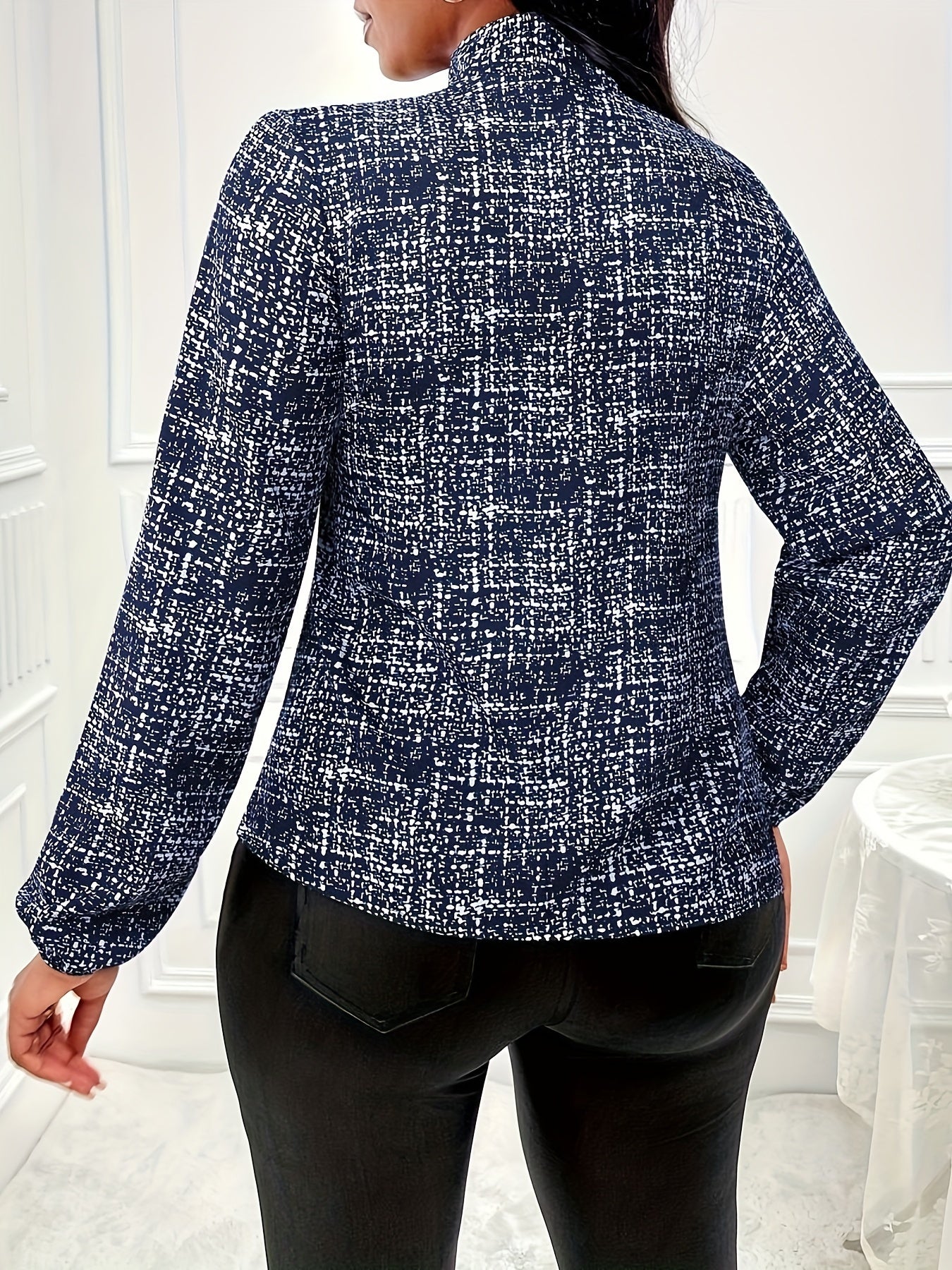 Allover Print Tie Neck Blouse, Elegant Long Sleeve Top For Spring & Fall, Women's Clothing