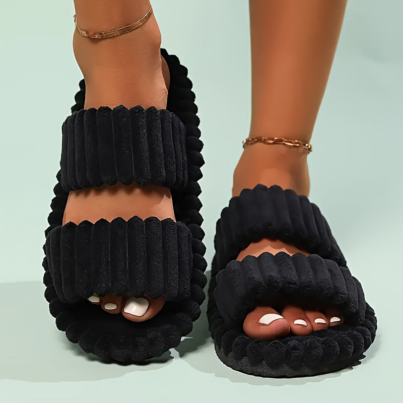 Elegant Women's Plush Slippers with Warm Lining - Striped Open Toe, Non-Slip EVA Sole, Cozy Indoor Comfort