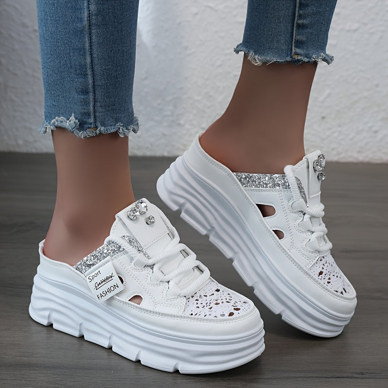 Women's Shoes 2024 Summer Hollow Out Thick Sole Plus Size Platform Sequin Casual Outdoor Sports Shoes