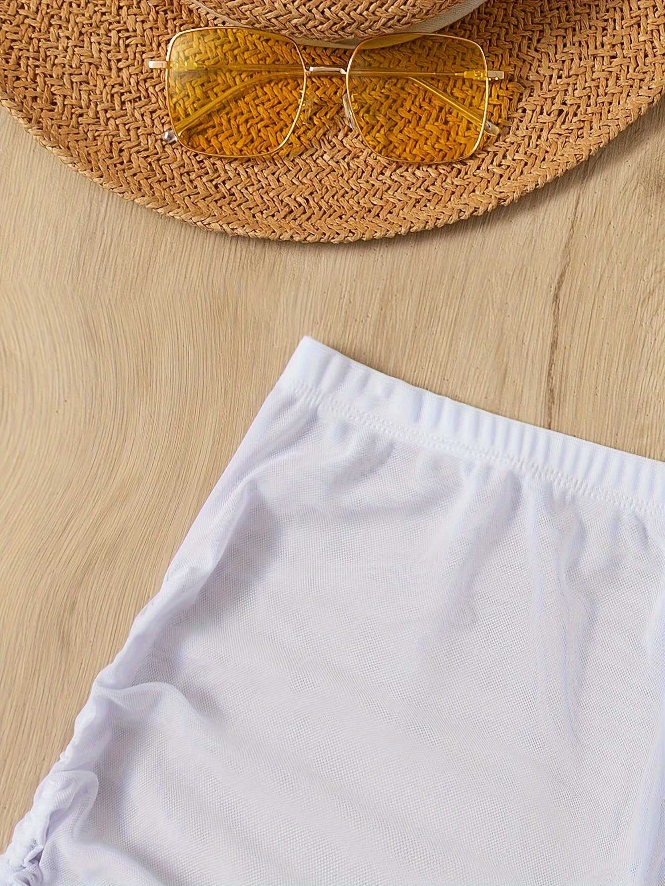 Solid Color Mesh Sexy Swim Shorts, Semi Sheer Side Tie Ruched Bikini Bottoms - Polyester - For Women - Perfect for Beach & Pool - Ideal Gift for Summer