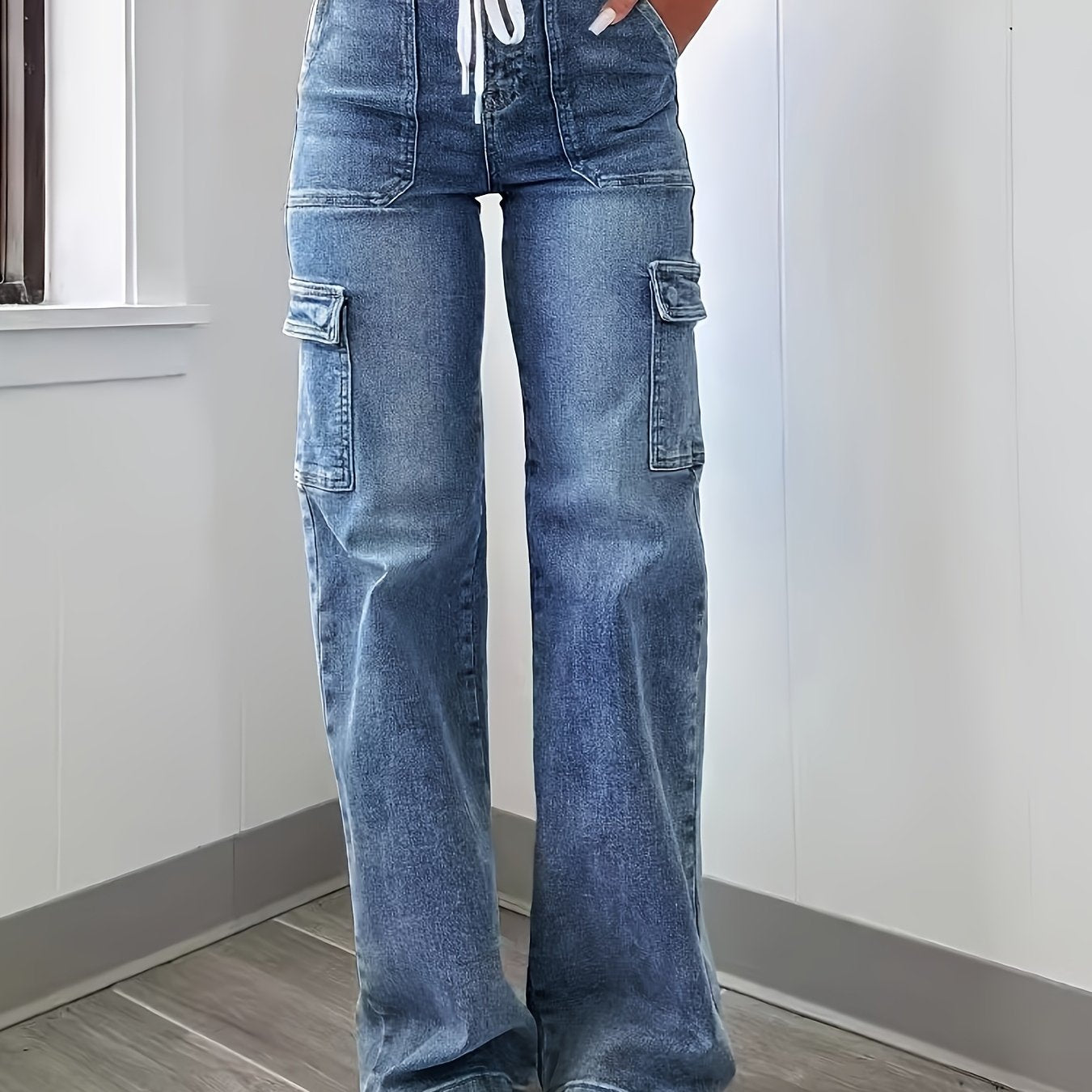 2025 New Style Women'S Leisure Straight-leg Jeans With Laces And Multiple Pockets. Casual Fashion Denim Fabric Sweatpants Jeans Fit Womenswear