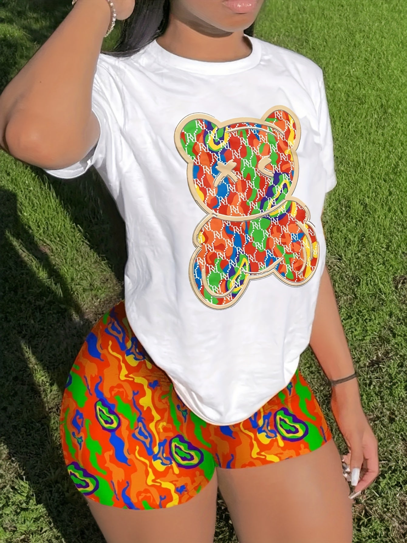 Rabbit Print Casual Shorts Set, Crew Neck Short Sleeve Top & Shorts Outfits For Spring & Summer, Women's Clothing