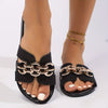 Women's Black Casual Slide Sandals with Metallic Chain Accents - Lightweight PU Cover Slip-On Summer Slippers, Comfortable Flat Heel & Round Toe for Beach, Casual Outings, Summer Footwear | Chic Casual Sandals | Pu Cover Sand