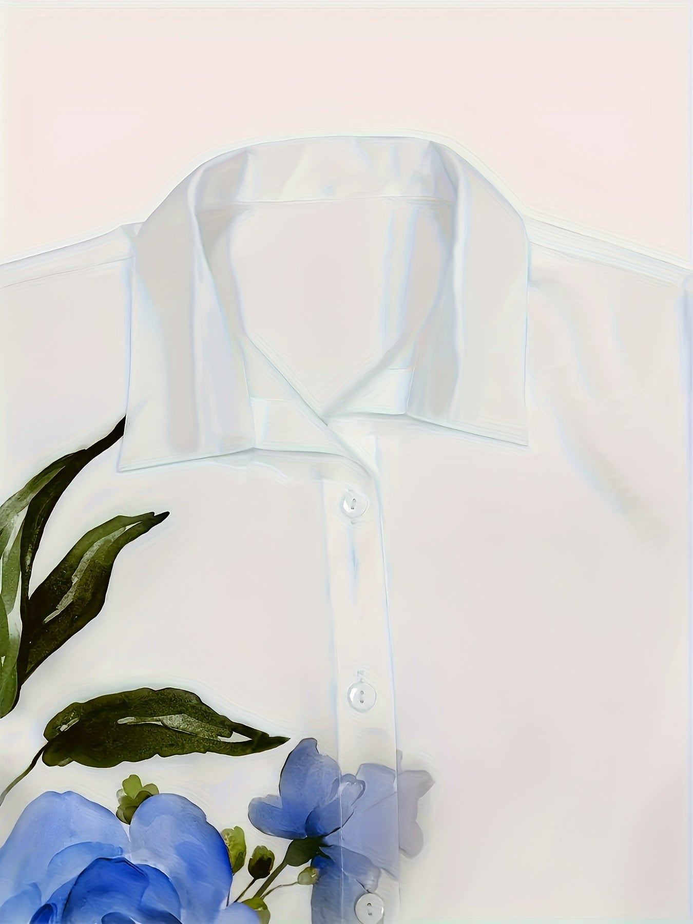 Women'S Floral Print Long Sleeve Casual Button-Up Shirt - White with Pink Roses & Green Leaves, Perfect for All Seasons, Casual Attire|Floral Print Shirt|Long Sleeve Shirt
