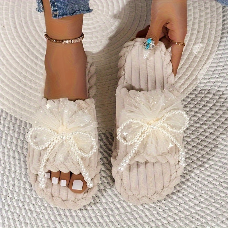 Fashion Bowknot Faux Fur Slippers for Women - Plush Open Toe Home Slip-ons with Pearl Accents, Non-slip EVA Sole, Cozy Fabric Interior