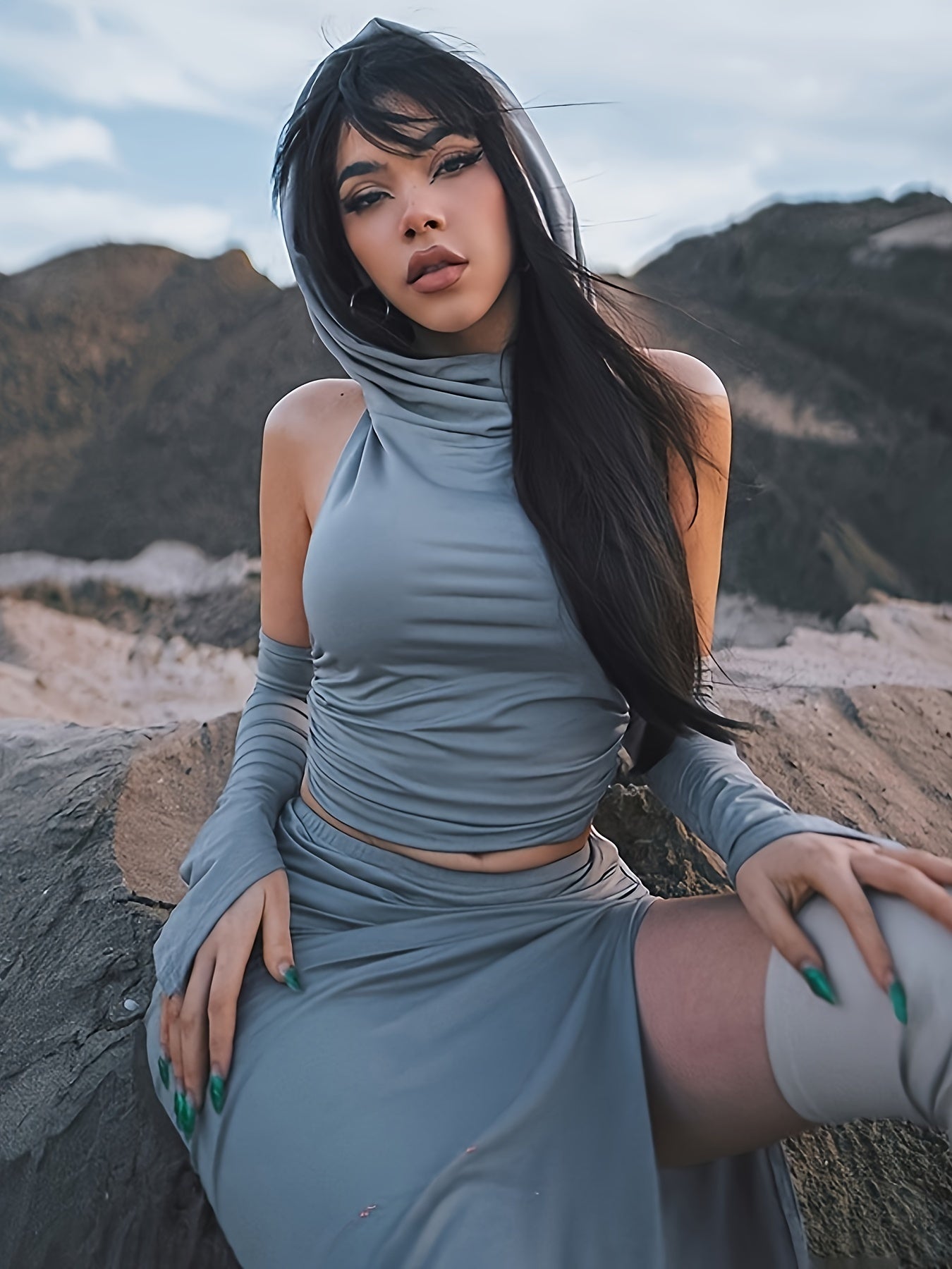Two-Piece Stylish Solid Slim Set - Crop Backless Hooded Top with Adjustable Straps, Split Hem Skirt Outfit for Women, Chic Casual Wear for Daily Life, Party, or Outdoor Activities