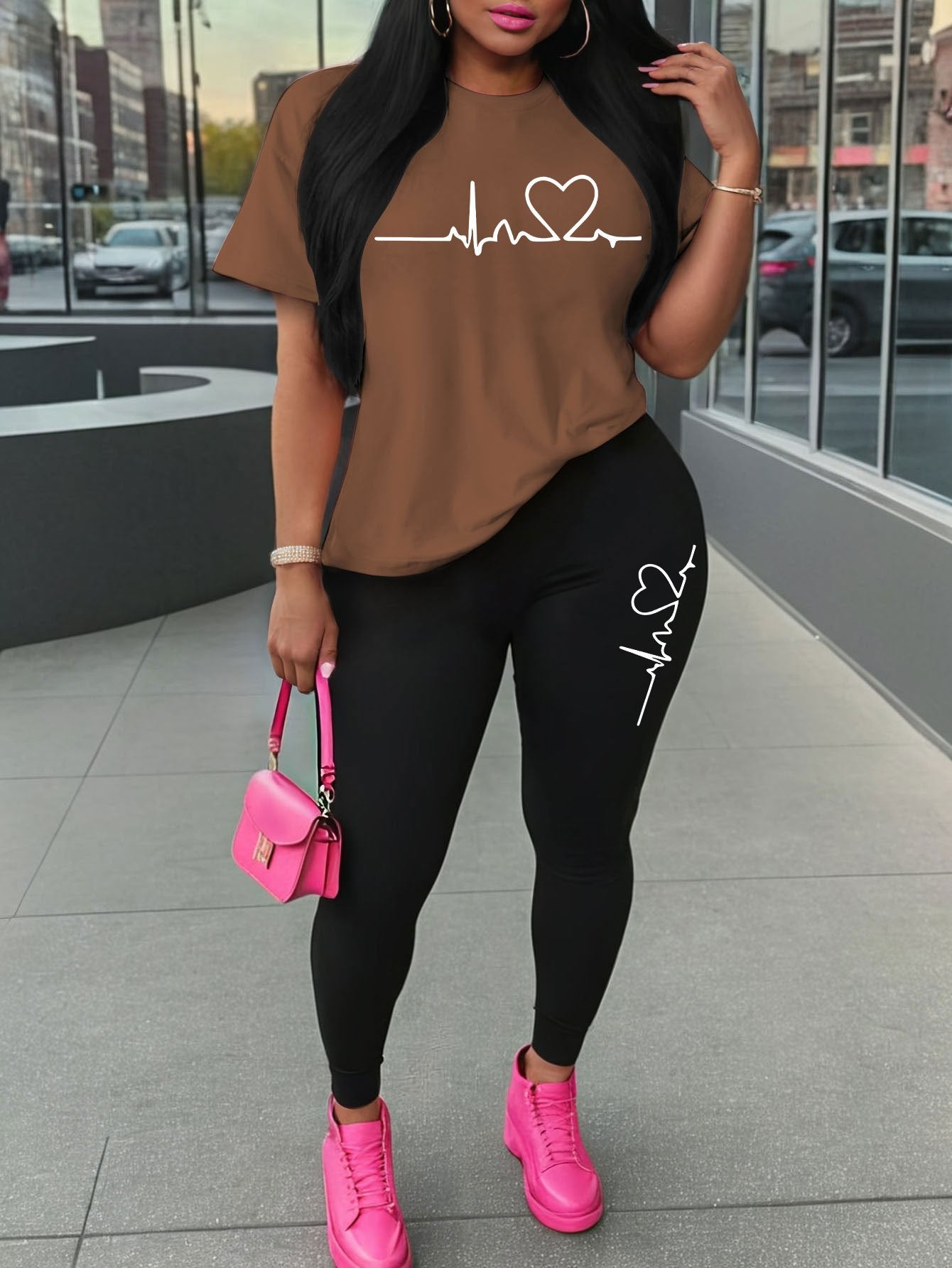 Women'S Love Heart Print Two-Piece Set, Casual Crew Neck Short Sleeve T-Shirt and Knit Polyester Leggings, All-Season Comfort, 96% Polyester 4% Spandex, 180gsm - Red