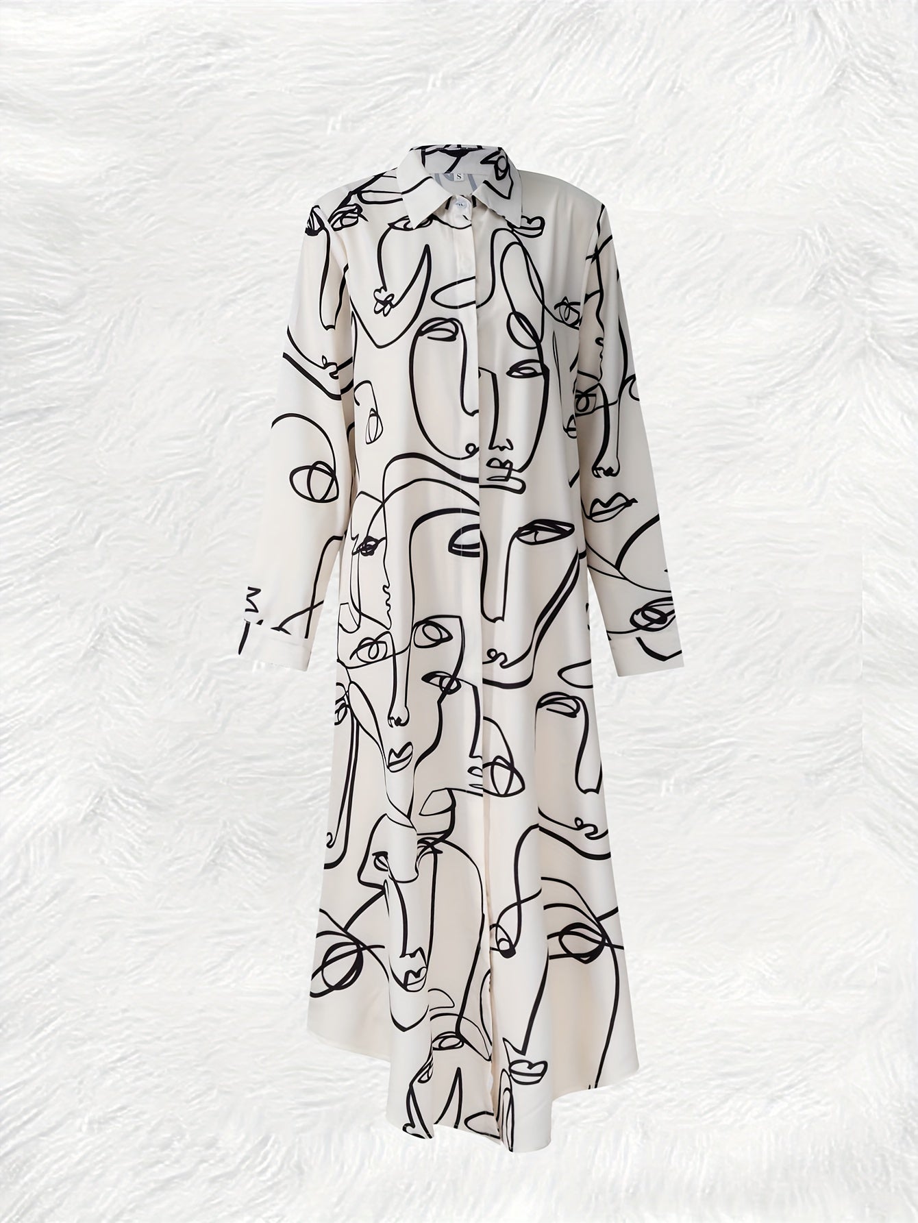 Abstract Face Print Button Up Shirt Dress, Vacation Long Sleeve Collared Loose Maxi Dress, Women's Clothing