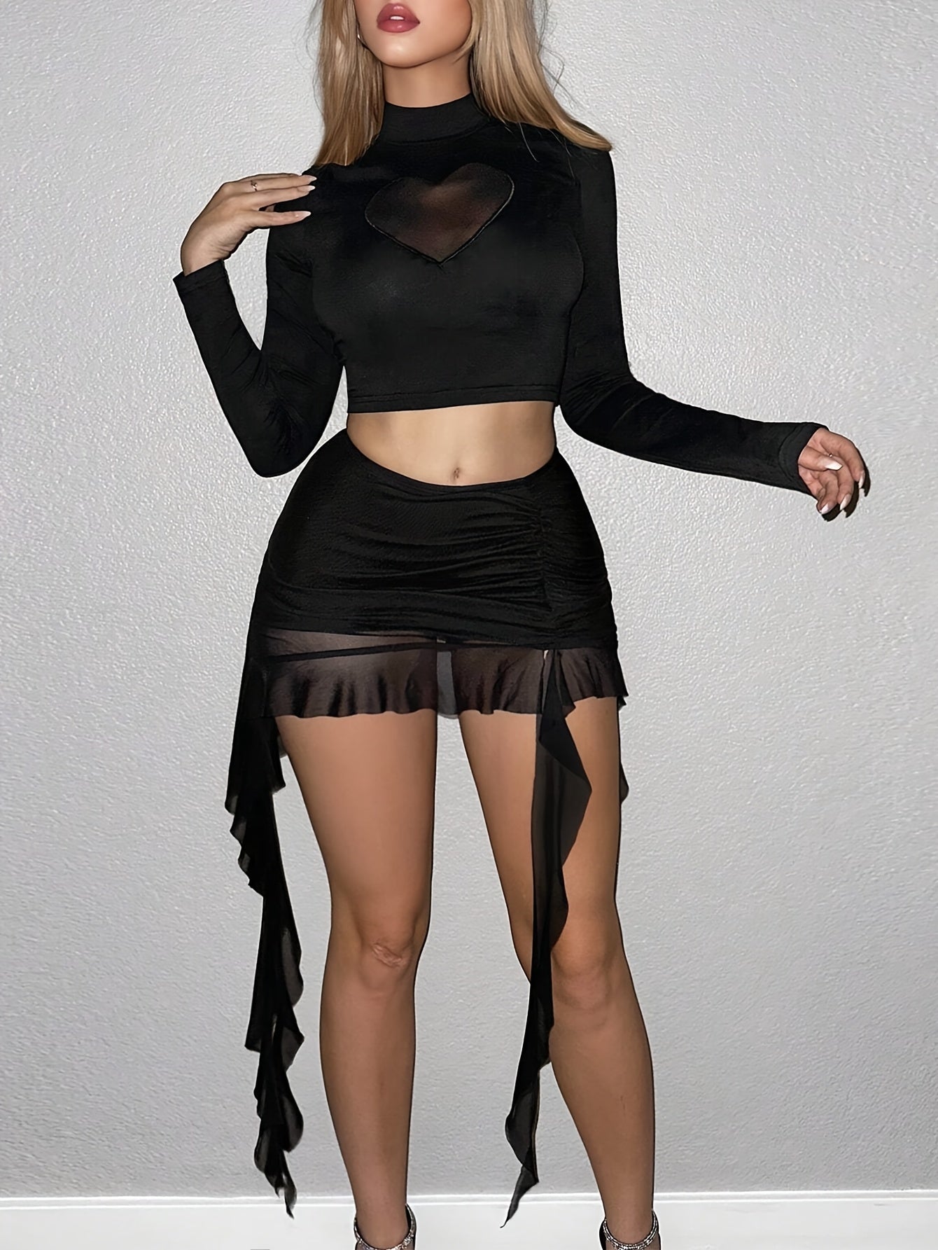 1pc Women'S Sexy Black Ruffle Hem Asymmetrical Ribbon Skirt, Polyester Knit Fabric, Solid Color, Sheer Transparent High-Waisted Mini Skirt for All Seasons