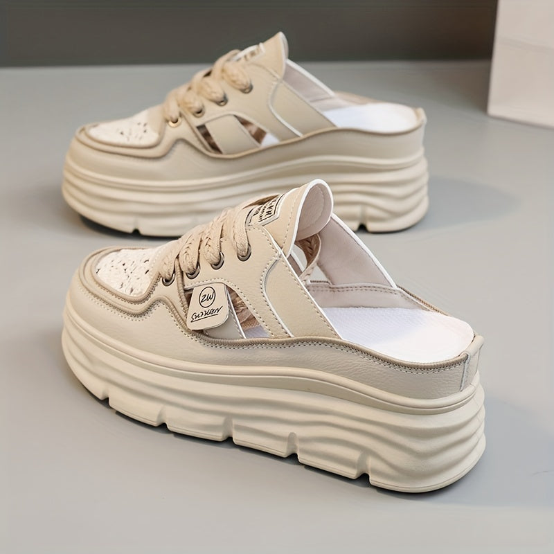 Comfortable Breathable Women's Platform Mule Sneakers, Casual Cutout Design Lace Up Summer Shoes