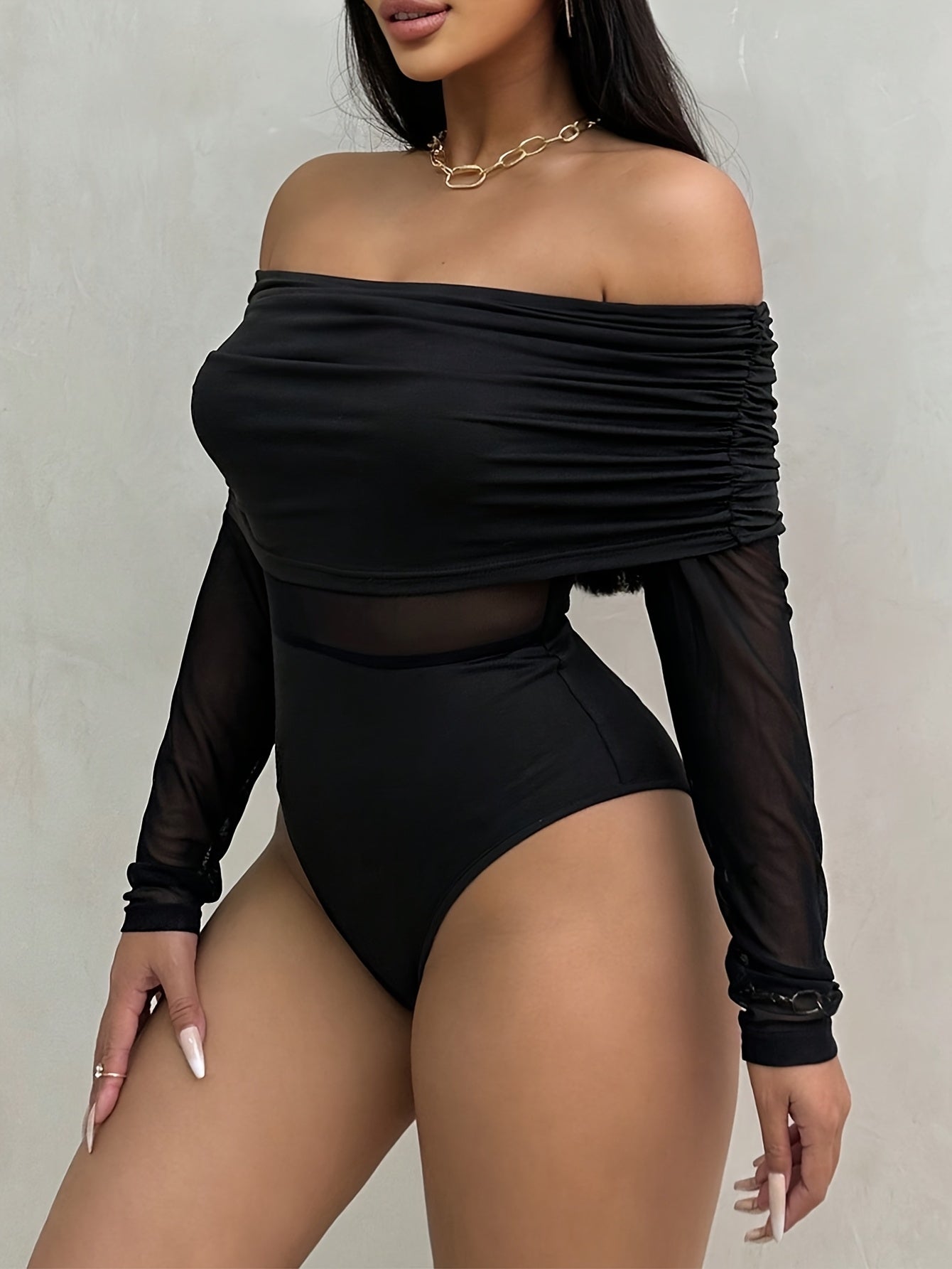 Elegant Off-Shoulder Long Sleeve Knit Bodysuit with Mesh Detail - High Stretch, Solid Black, Ruched Design, Perfect for Fall/Winter Women’s Fashion, Fall Fashion Top | Offshoulder Bodysuit | Nontransparent Fabric