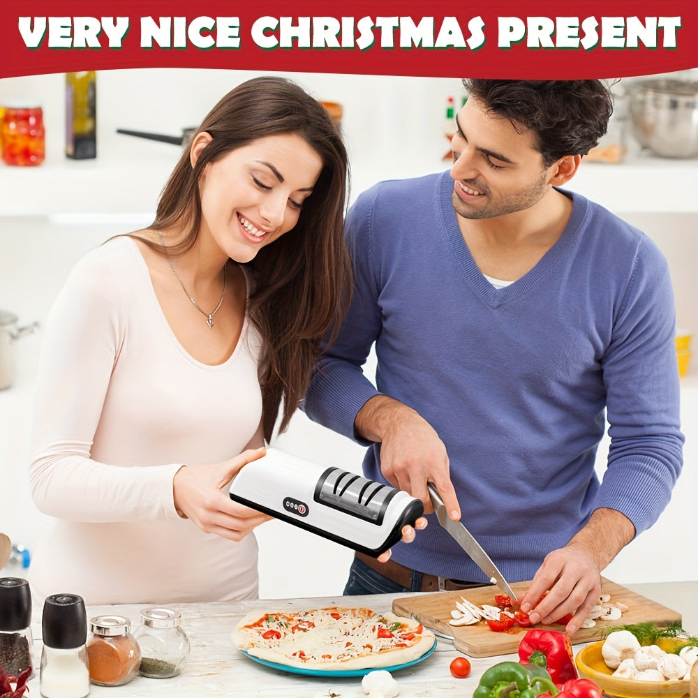 USB Rechargeable Electric Knife Sharpener - 2-Stage, Compact, Quick Sharpen & Polish | Lithium Battery, White & Black Design