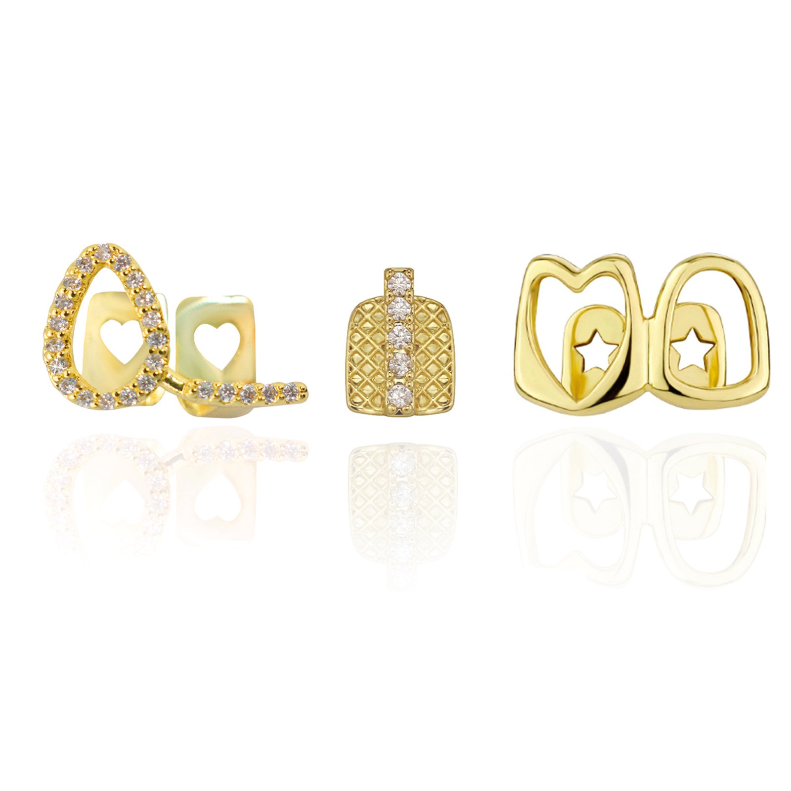 3pcs Fashion Personality Hip Hop Jewelry Copper Inset Zirconia Hollow Golden Teeth Grillz Out Cool Gift for Men and Women Valentine'S Day Carnival Mother'S Day Father'S Day Special Gifts