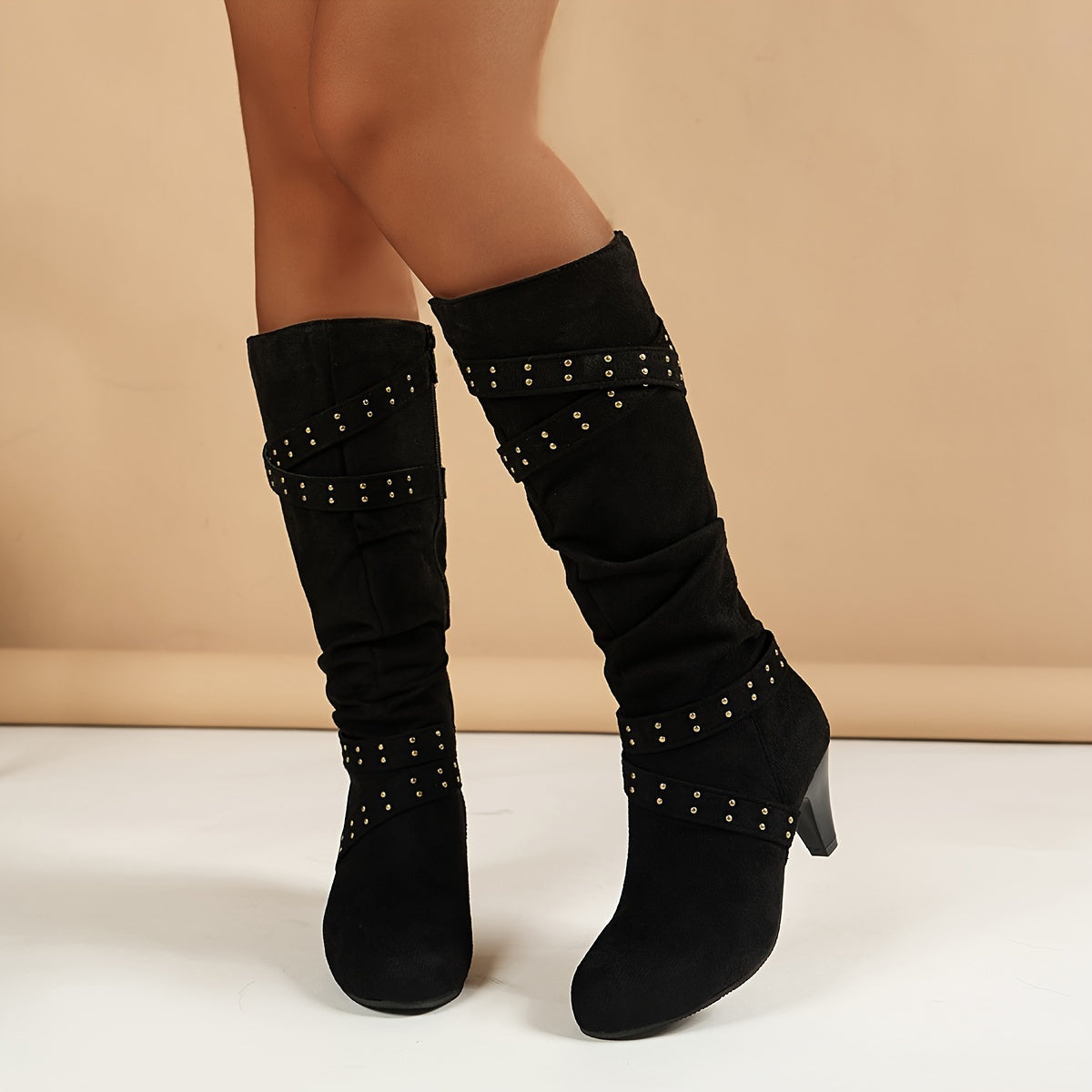 Women's Embellished Knee-High Boots with Block Heel, Mid Heel Height, Zipper Closure, Plain Toe Style, European Special, Fabric Upper, Lining & Insole, PVC Sole