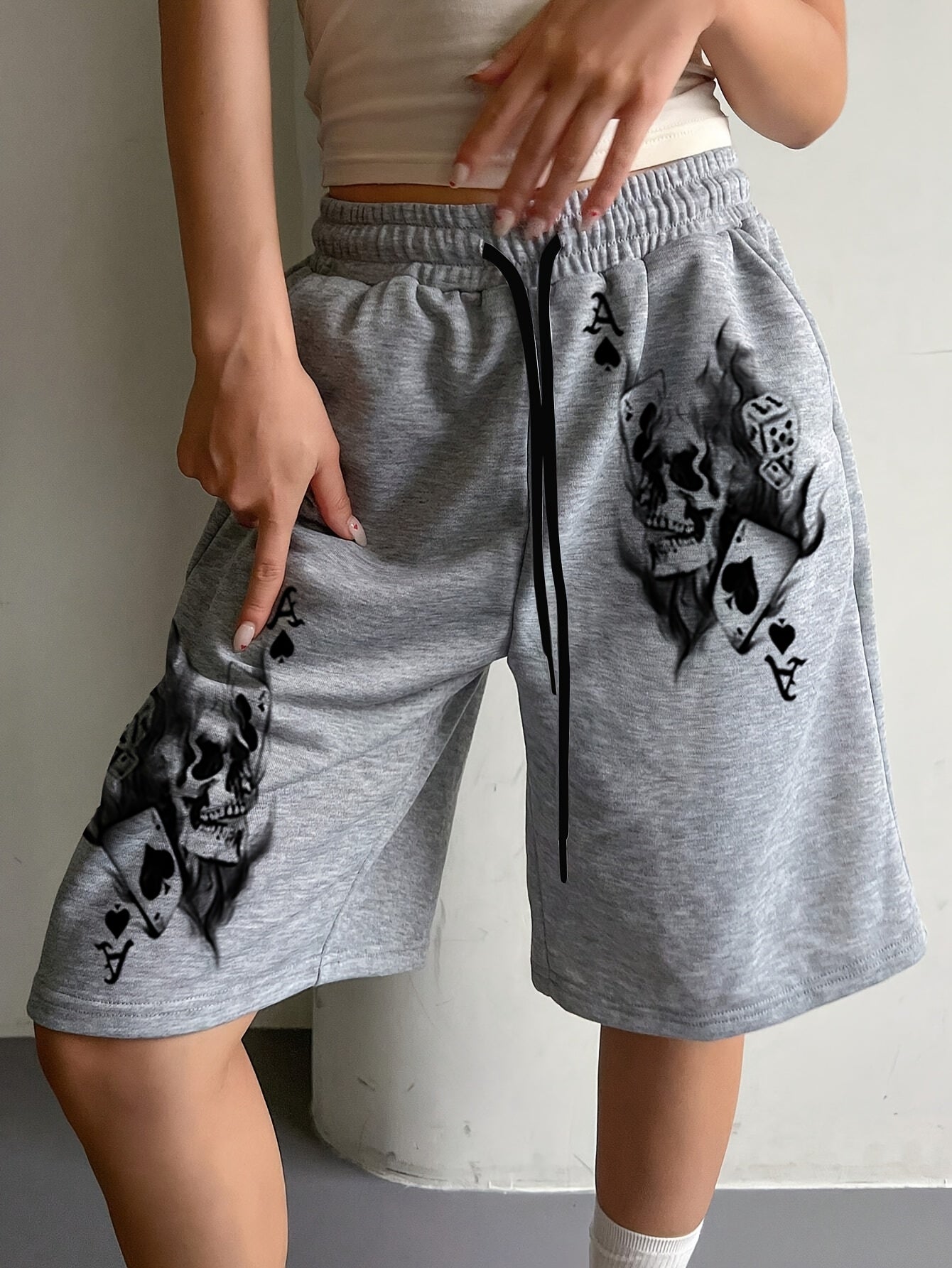 Women's Stylish Skull Print Drawstring Shorts - Light Gray Casual Knit Mid-Thigh Length with Elastic Waistband, Perfect for Spring/Summer/Fall, Cute Shorts