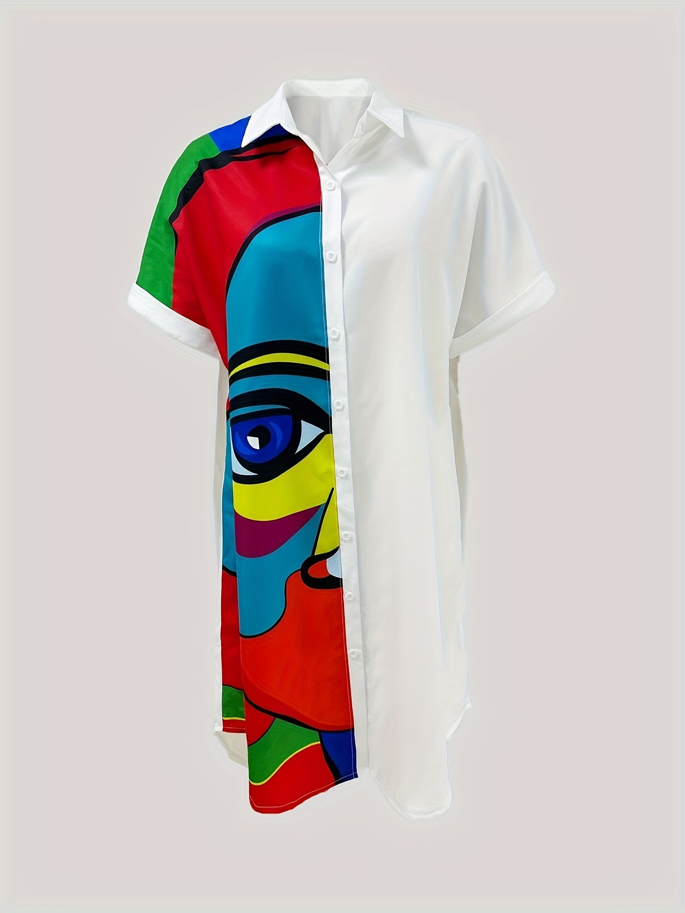 Figure Print Button Front Blouse, Casual Short Sleeve Mid-length Blouse For Spring & Summer, Women's Clothing