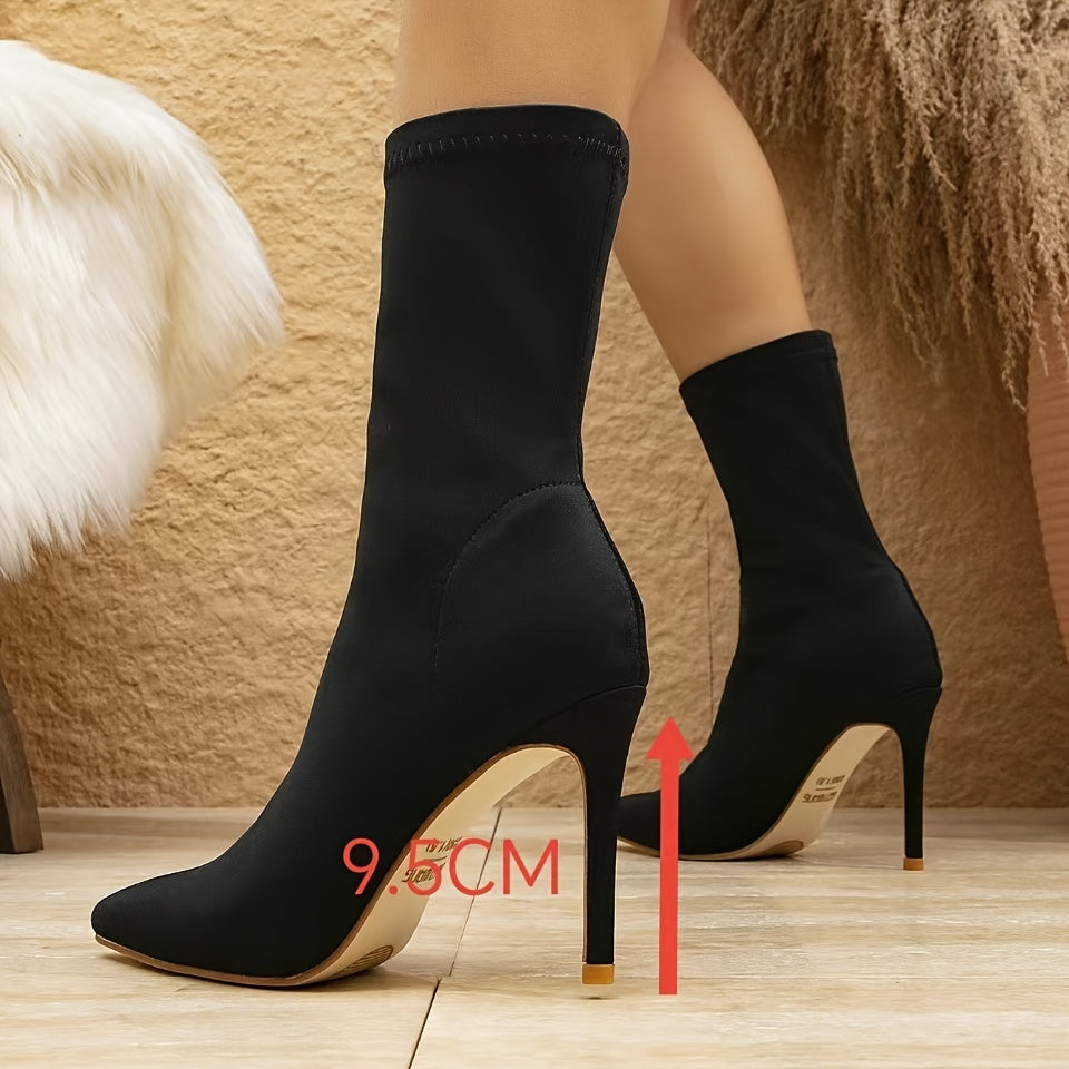 Women's Solid Color Stylish Boots, Pull On Slim Stiletto Mid-calf Boots, Point Toe Versatile Boots