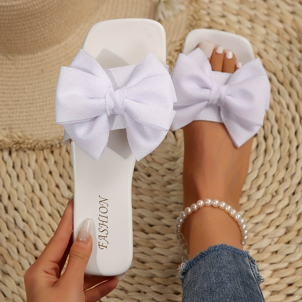 Women's Bowknot Decor Slide Sandals - Fashion Square Open Toe Flat Summer Shoes, Lightweight Slide Sandals - For Women - Perfect for Summer Beach, Vacation & Casual Wear - Ideal Gift for Her