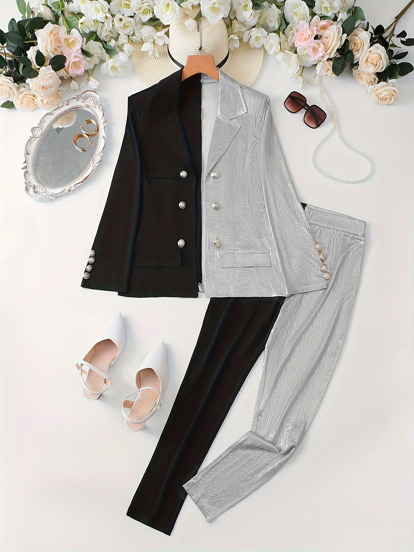 Double Breasted Long Sleeve Blazer Two-piece Set - Elegant Color Block Women's Clothing - Pants Outfits