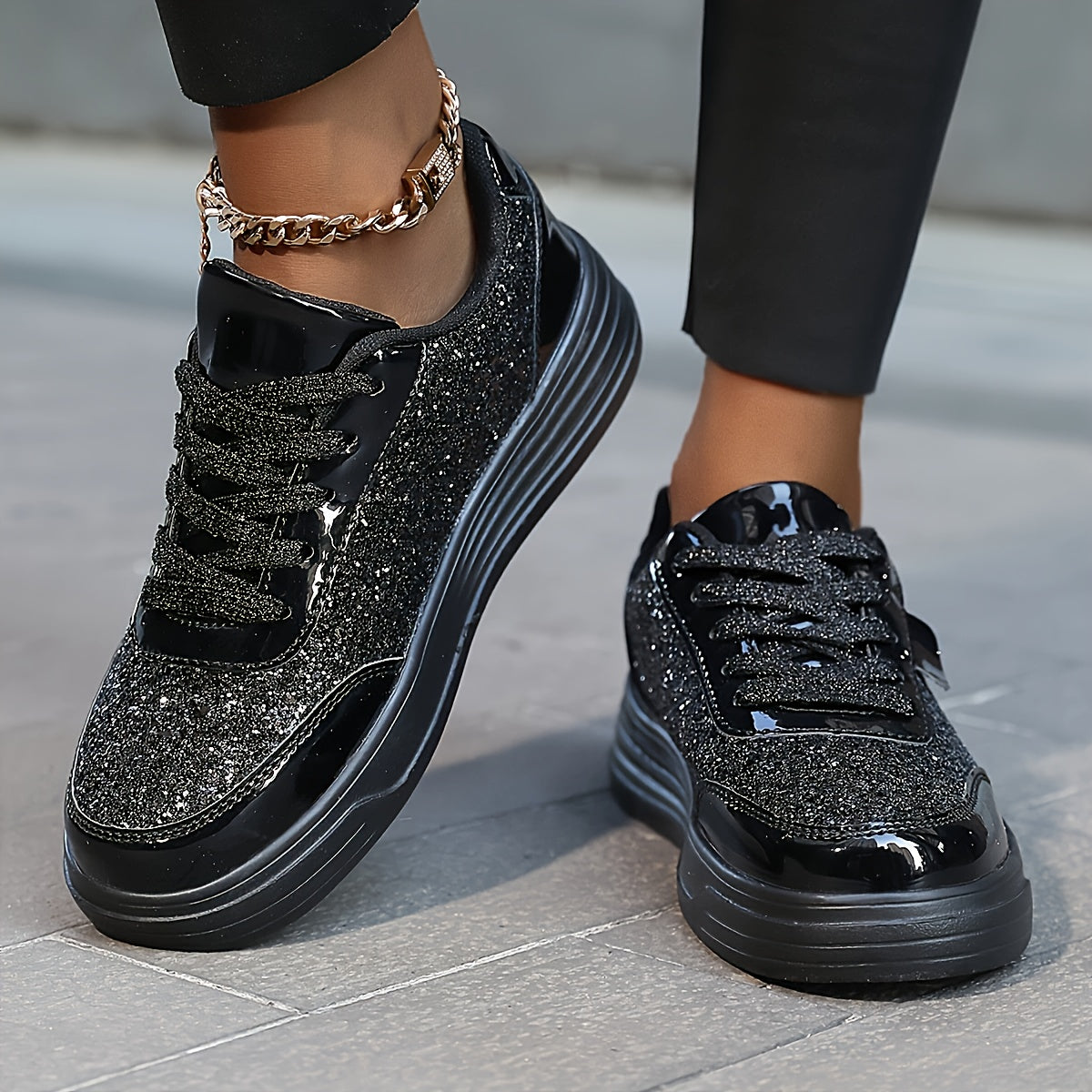 Women'S Glittery Sequin Sneakers - Golden & White Low-Top Lace-Up Casual Skate Shoes with MD Sole, Fabric Insole, and Synthetic Upper for All Season