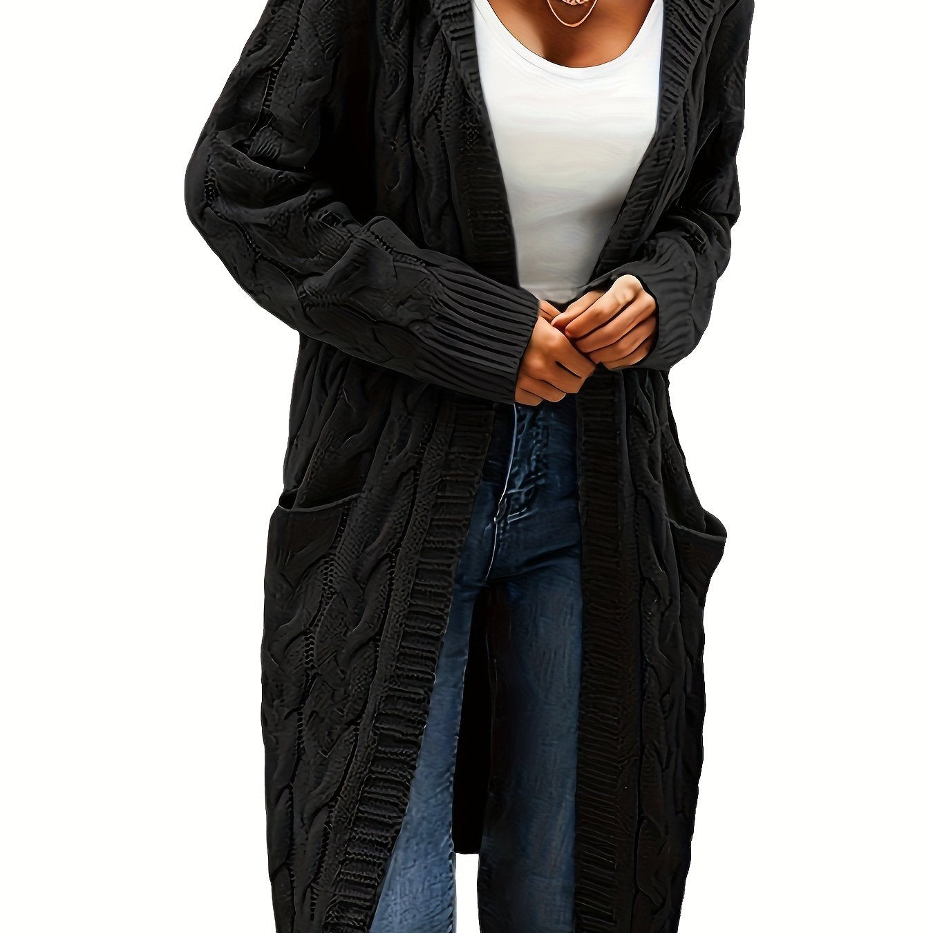 [Open Front] Women's Casual Cardigan - Black Cable Knit, Long Sleeve, Open Front with Pockets - Relaxed Fit for Fall/Winter