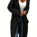 [Open Front] Women's Casual Cardigan - Black Cable Knit, Long Sleeve, Open Front with Pockets - Relaxed Fit for Fall/Winter