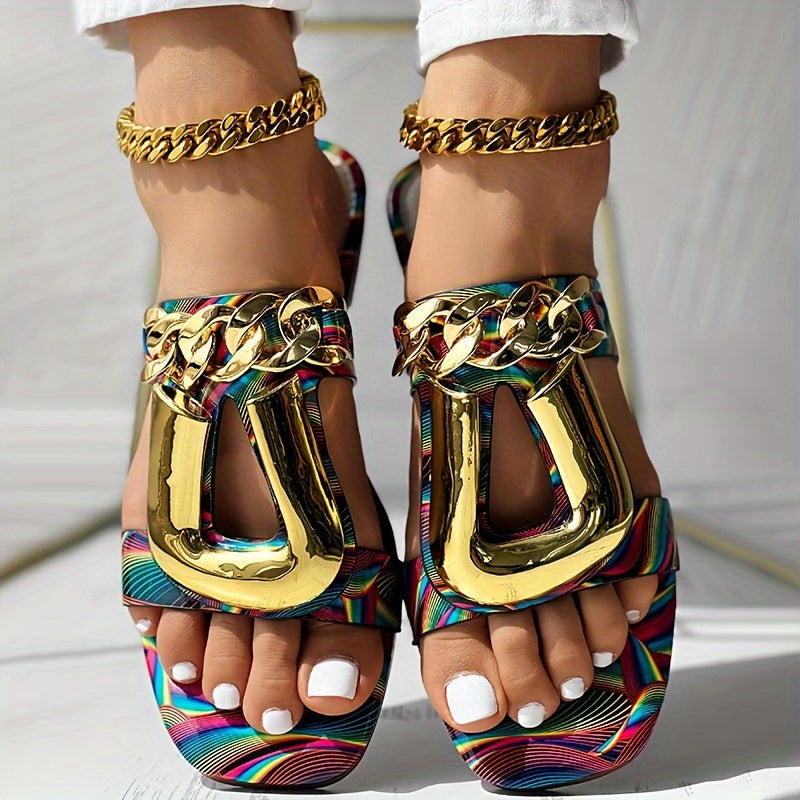 Women's Metal Chain Decor Flat Slides, Square Open Toe Non Slip Slide Sandals, Outdoor Versatile Slides