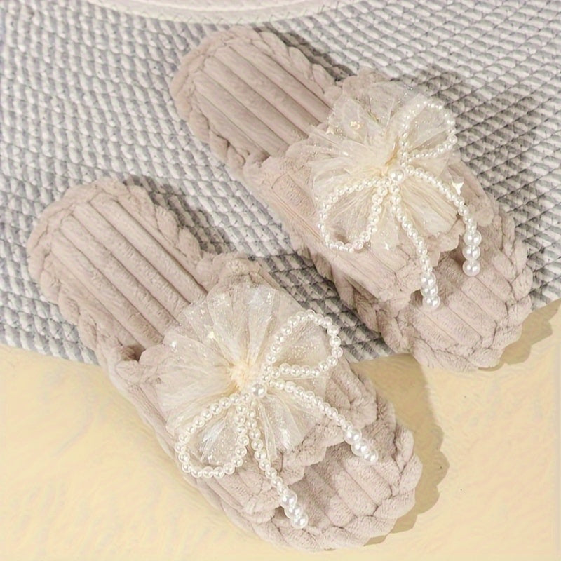 Fashion Bowknot Faux Fur Slippers for Women - Plush Open Toe Home Slip-ons with Pearl Accents, Non-slip EVA Sole, Cozy Fabric Interior