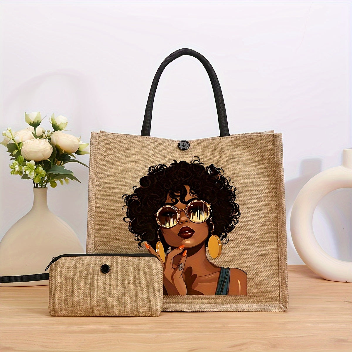 2-Piece Set Women's Fashion Printed Tote Bag and Mini Coin Purse - Casual Style, Machine Washable, Khaki Fabric with Shoulder Straps, Snap Closure, Polyester Lining, Position Print, No Oil Edging - For Women - Suitable for Ev