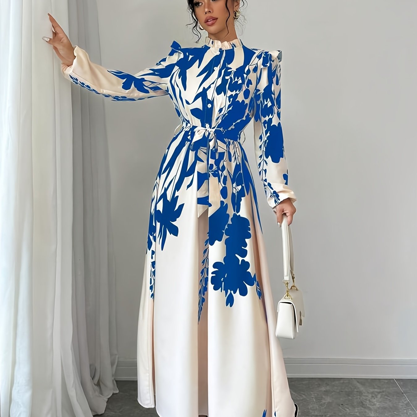 Long Sleeve Polyester A-Line Maxi Dress with Elegant Floral Print, Stand Collar, Waist Detail, Lantern Sleeves, and Ruffle Hem for Spring/Fall
