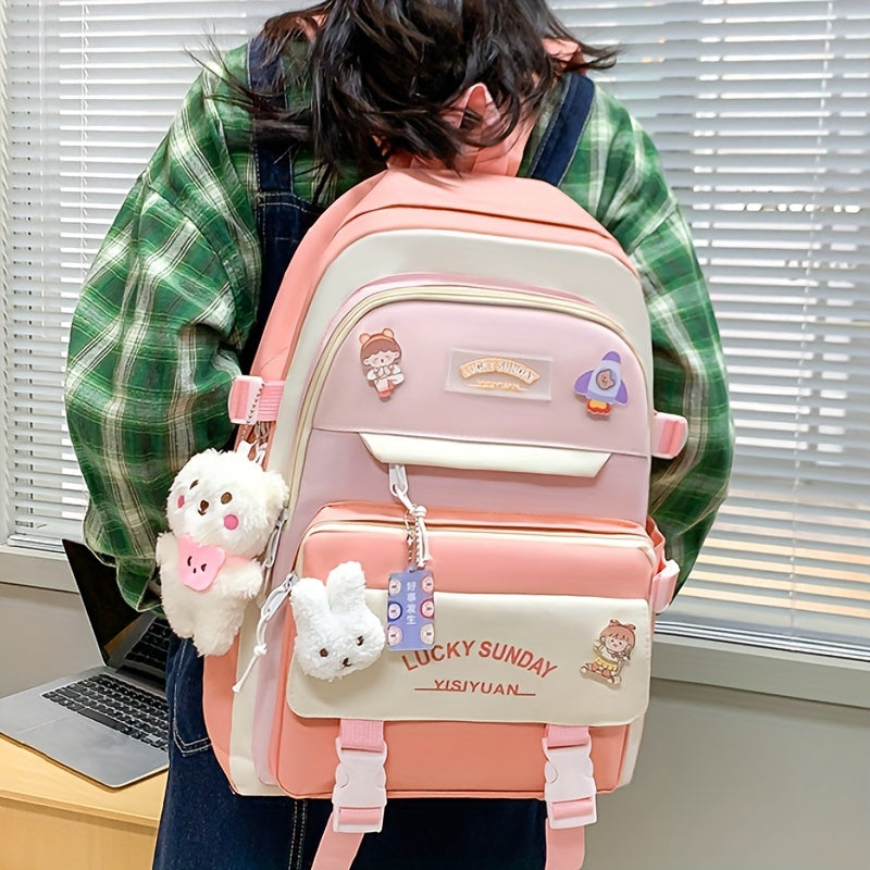 Five-Piece Large Capacity Double Shoulder Bag Women's Fashion Simple Color-Block Casual Backpack (No Pendant, Badge Ladies Travel Bag)