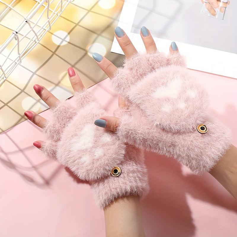 Cozy Cat Paw Convertible Mittens for Women - Soft, Warm Fingerless Gloves with Flip-Top Design | Cute Aesthetic White Furry Winter Accessory, Machine Washable