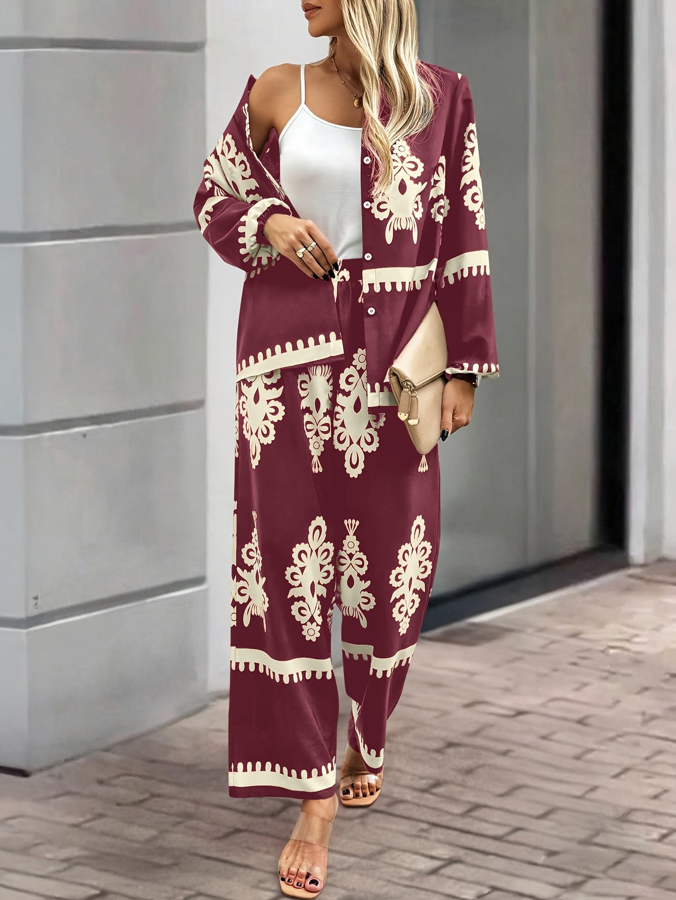 2pcs Elegant Special Set for Women with Random Print Front Button Long Sleeve Top and Pants Casual Suit
