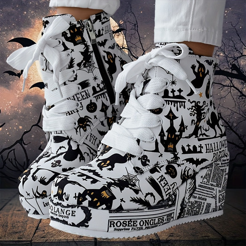 Women's Halloween Theme Boots, Lace Up Platform Lace Up Walking Shoes, High-top Wedge Winter Boots