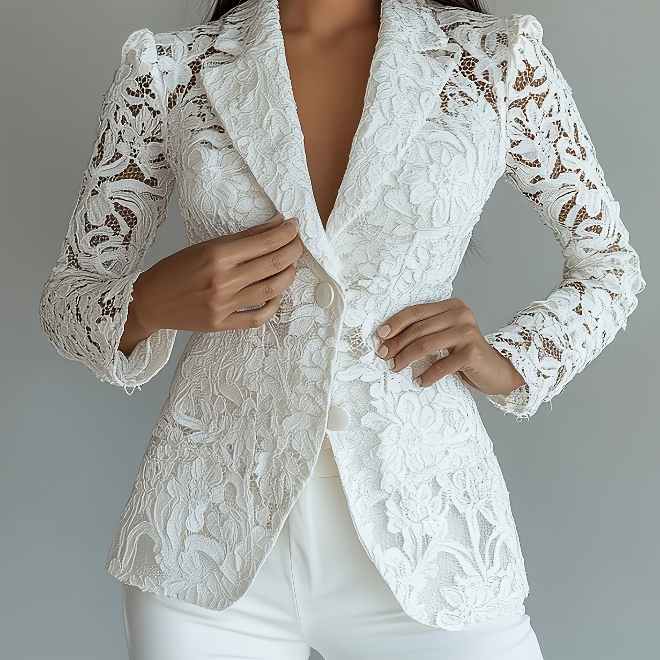 Elegant Lace Single-Breasted Blazer with Flap Collar - White Polyester, Long Sleeve, Button-Up, Spring/Summer Fashion, Elegant Attire|Flap Collar Blazer|Polyester Blazer