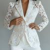 Elegant Lace Single-Breasted Blazer with Flap Collar - White Polyester, Long Sleeve, Button-Up, Spring/Summer Fashion, Elegant Attire|Flap Collar Blazer|Polyester Blazer