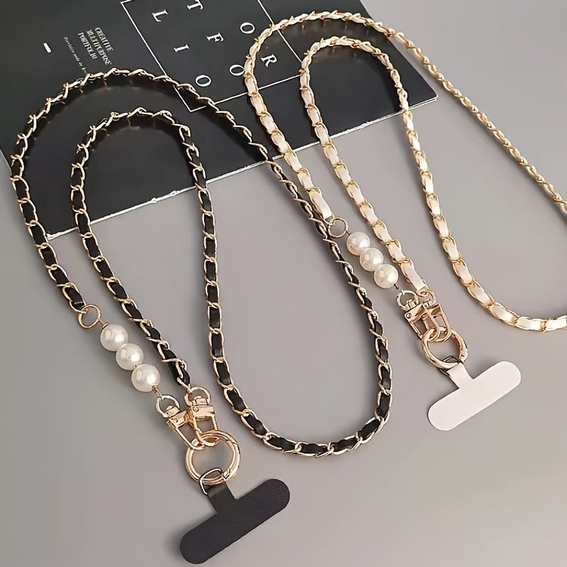 Durable, Chic Faux Pearl & Faux Leather Crossbody Phone Lanyard - Elegant Shoulder Strap Accessory