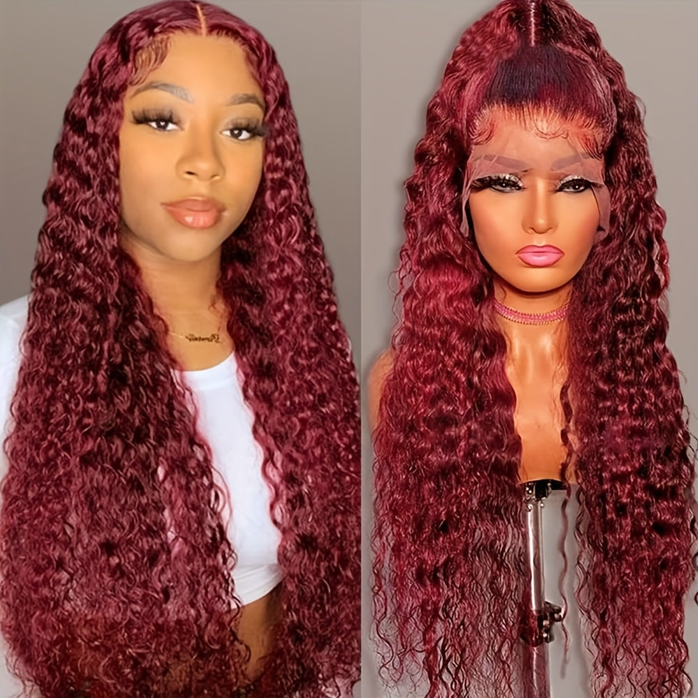 Kinky Curly Lace Front Wigs Synthetic Burgundy 13x4x1 T Part HD Transparent Lace Long Afro Curly Bouncy Hair 30 Inch Natural Wine Red Color Hair Heat Friendly For Women Girls Party Daily Makeup Use Ready To Wear 180% Full Den