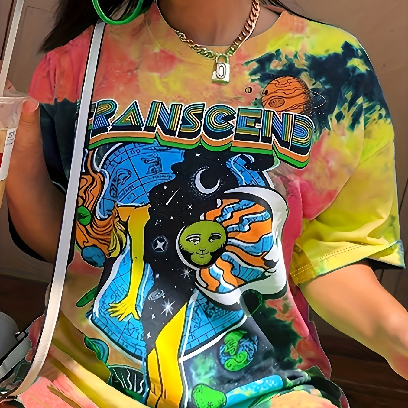 Figure & Sun Print Tie Dye T-Shirt, Casual Short Sleeve T-Shirt For Spring & Summer, Women's Clothing