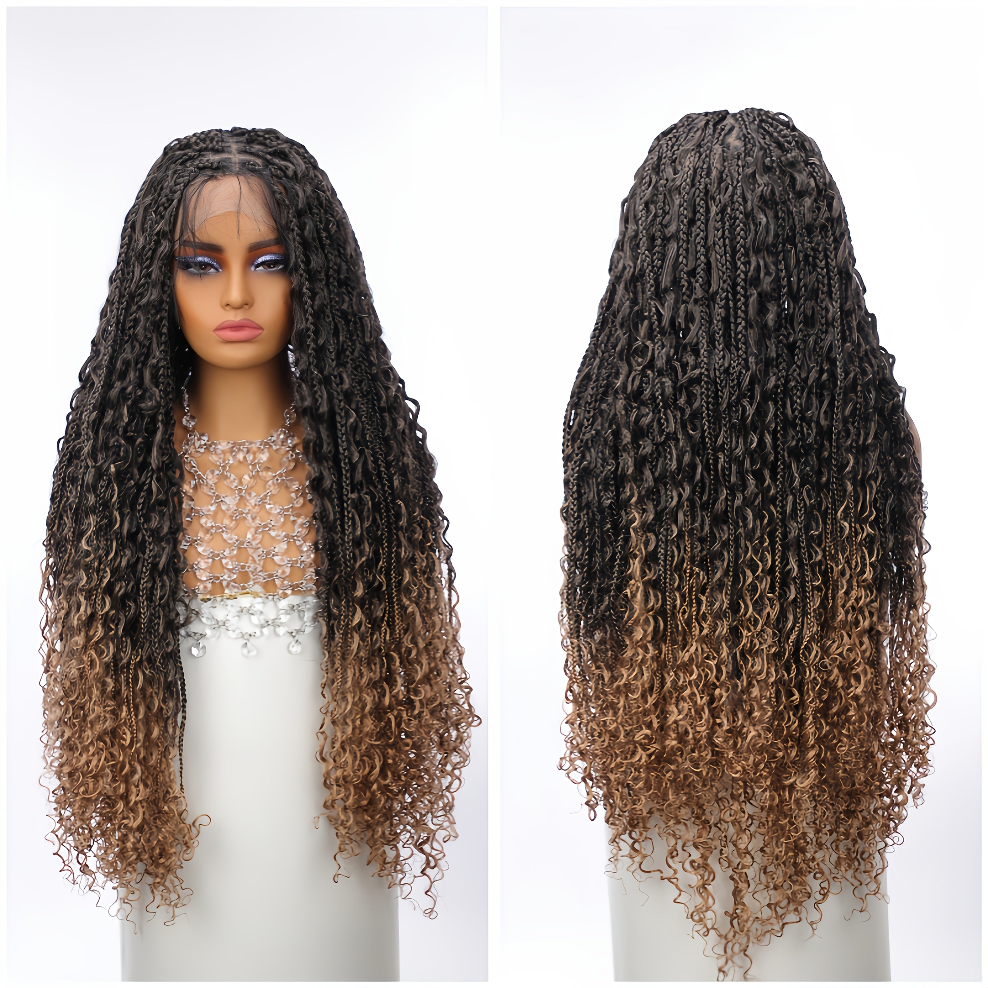 36 Inch Knotless Full Lace Bohemian Style Square Braid Wig - Curly Wave Synthetic Hair - Perfect for Black Women, Christmas, Date Nights & Birthday Parties - High-Quality Bohemian Goddess Braid Wig, Best for Christmas