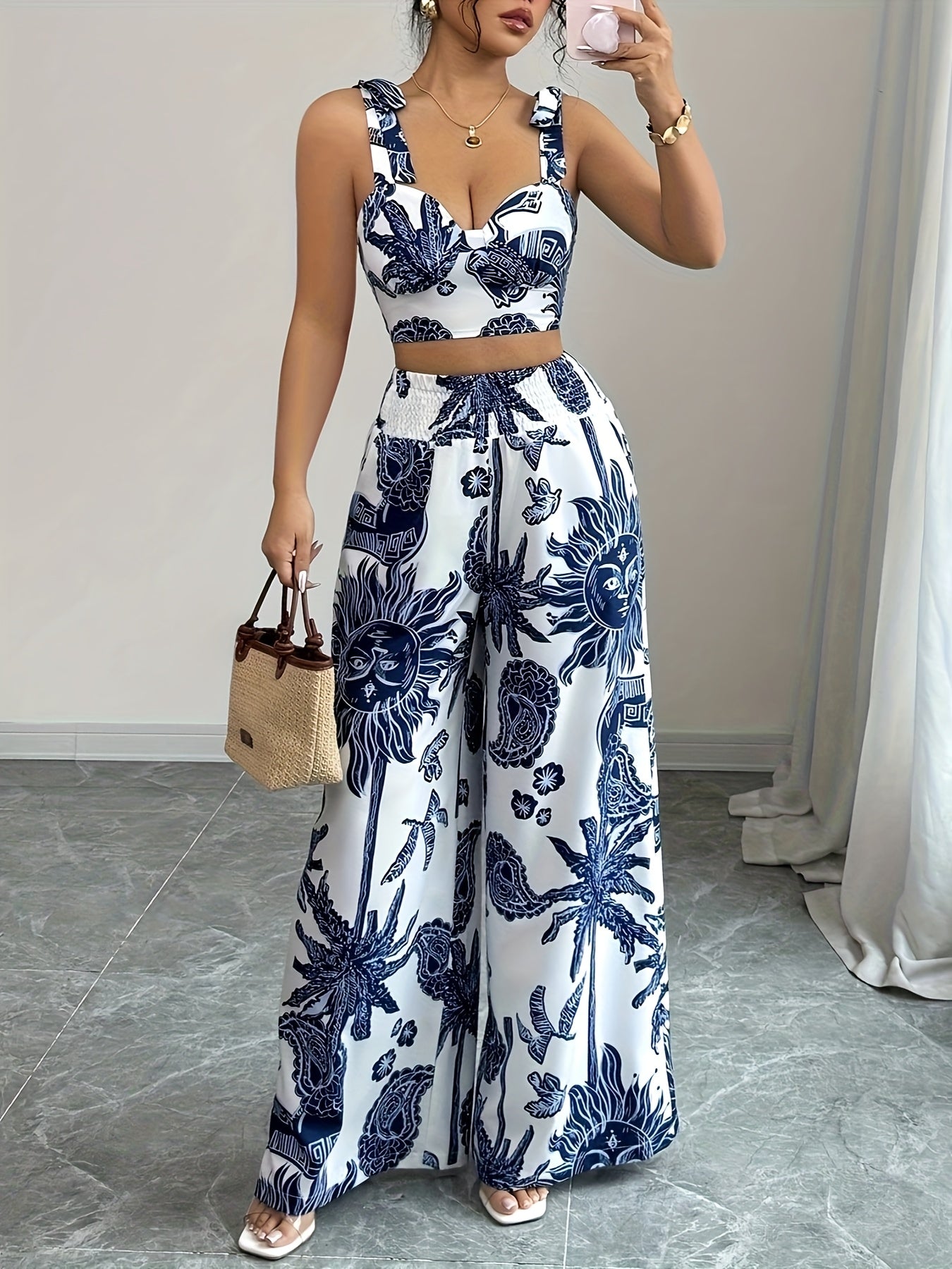 2pcs Bohemian Style Blue and White Floral Print Crop Top with Strapless Detail and Wide-Leg Pants, Perfect for Vacation or Casual Attire, Polyester, Spring/Summer Collection