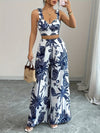 2pcs Bohemian Style Blue and White Floral Print Crop Top with Strapless Detail and Wide-Leg Pants, Perfect for Vacation or Casual Attire, Polyester, Spring/Summer Collection