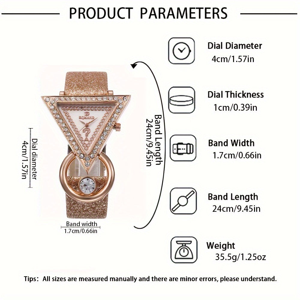 Luxury 5-Piece Women's Quartz Watch and Bracelet Set with Glittering Triangle Dial, PU Leather Band, Electronic Quartz Movement, Zinc Alloy Case, and Rhinestone Accents (Non-rechargeable Button Battery Included)